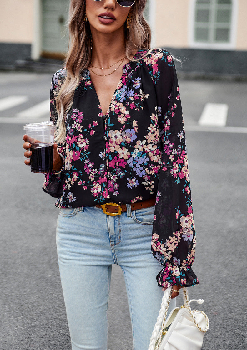 Women’s Floral V-Neck Chiffon Blouse