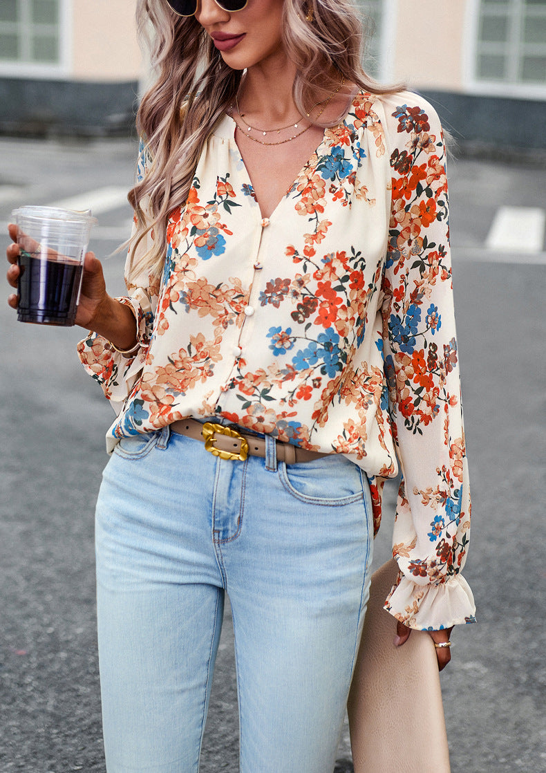 Women’s Floral V-Neck Chiffon Blouse