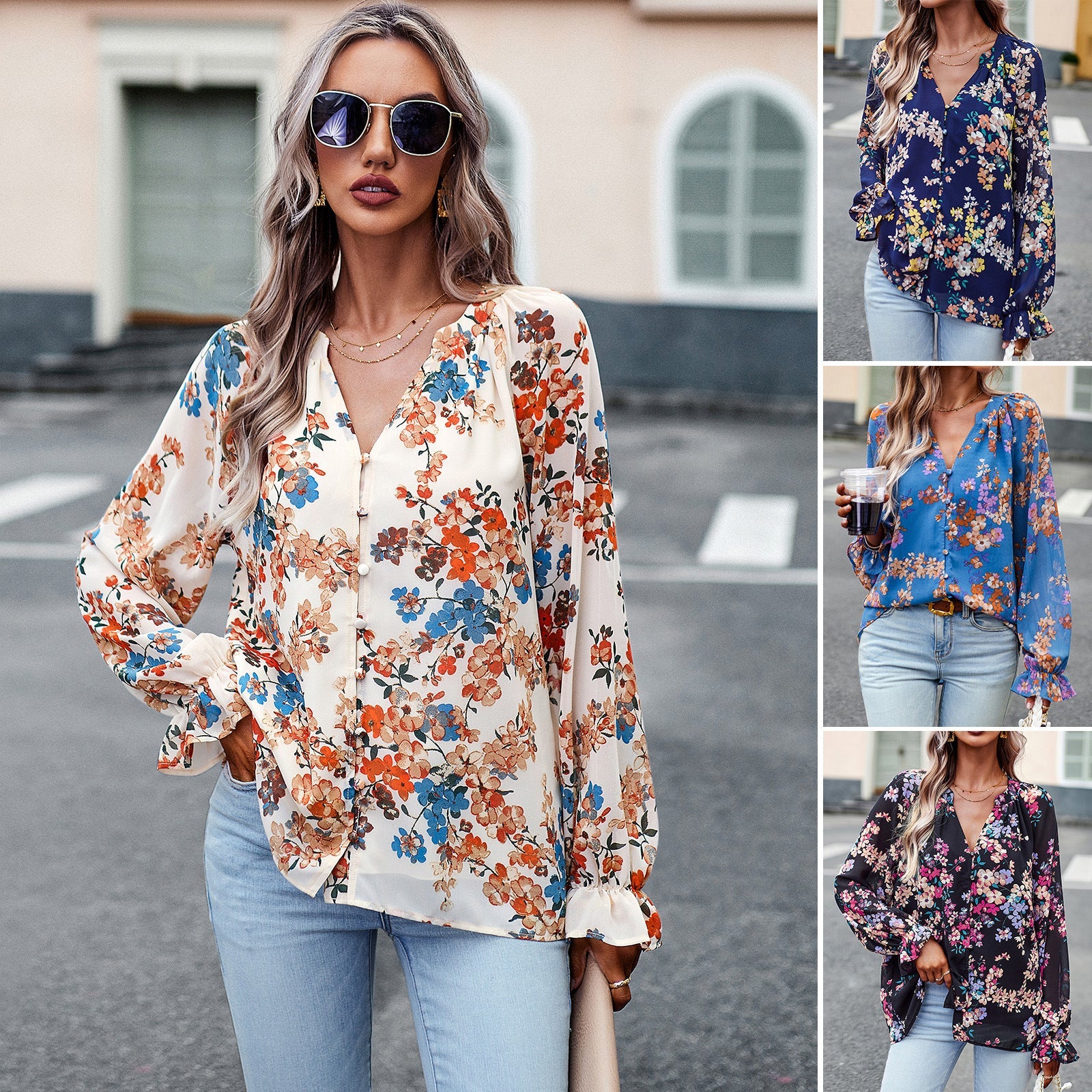 Women’s Floral V-Neck Chiffon Blouse