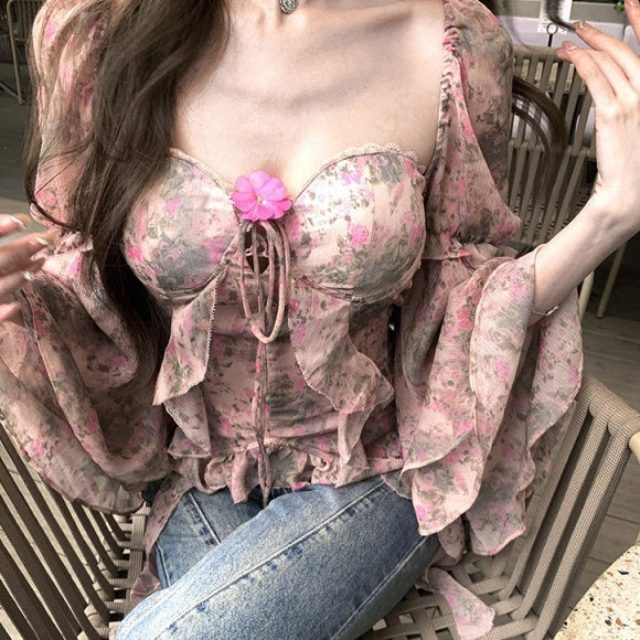 Women’s Printed Bat Sleeve Silk Blouse