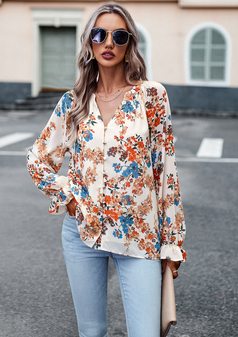 Women’s Floral V-Neck Chiffon Blouse